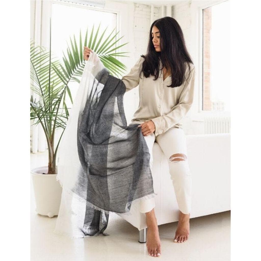 Granite Black White Ombre Soft Linen Silk Handloom Artisanal Scarf — 3