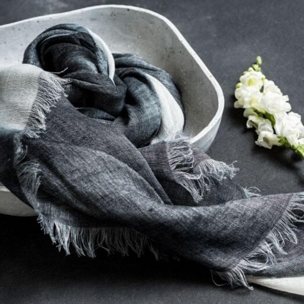 Granite Black White Ombre Soft Linen Silk Handloom Artisanal Scarf — 2